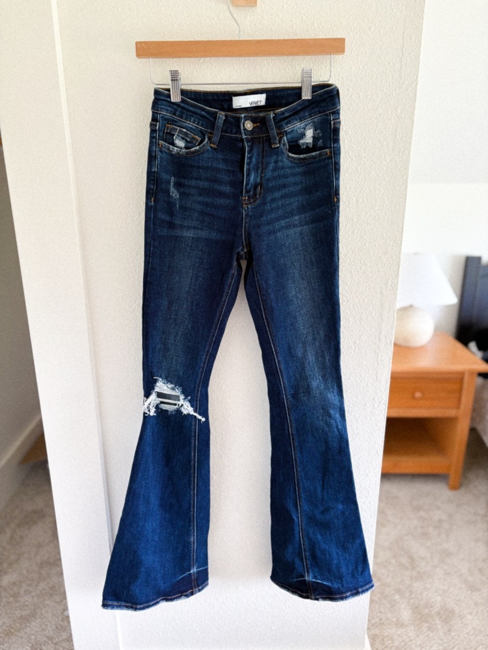 VERVET BY FLYING MONKEY Dark Blue Distressed Flare Jeans